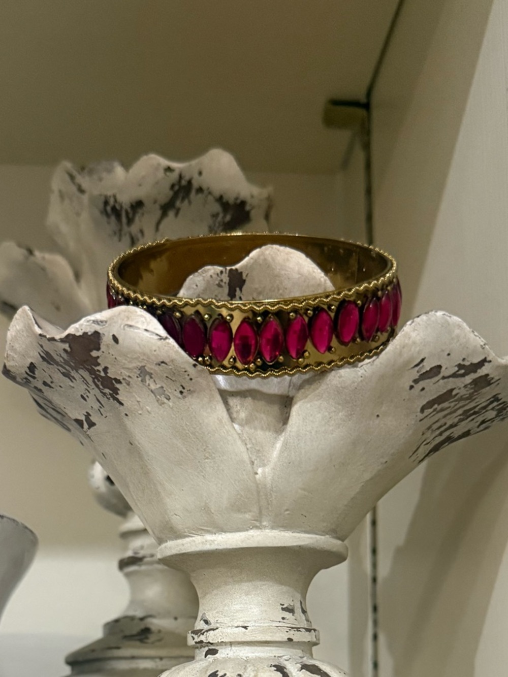 Unique Hammered Misshapen Gold Bangle With Fuchsia Stones
